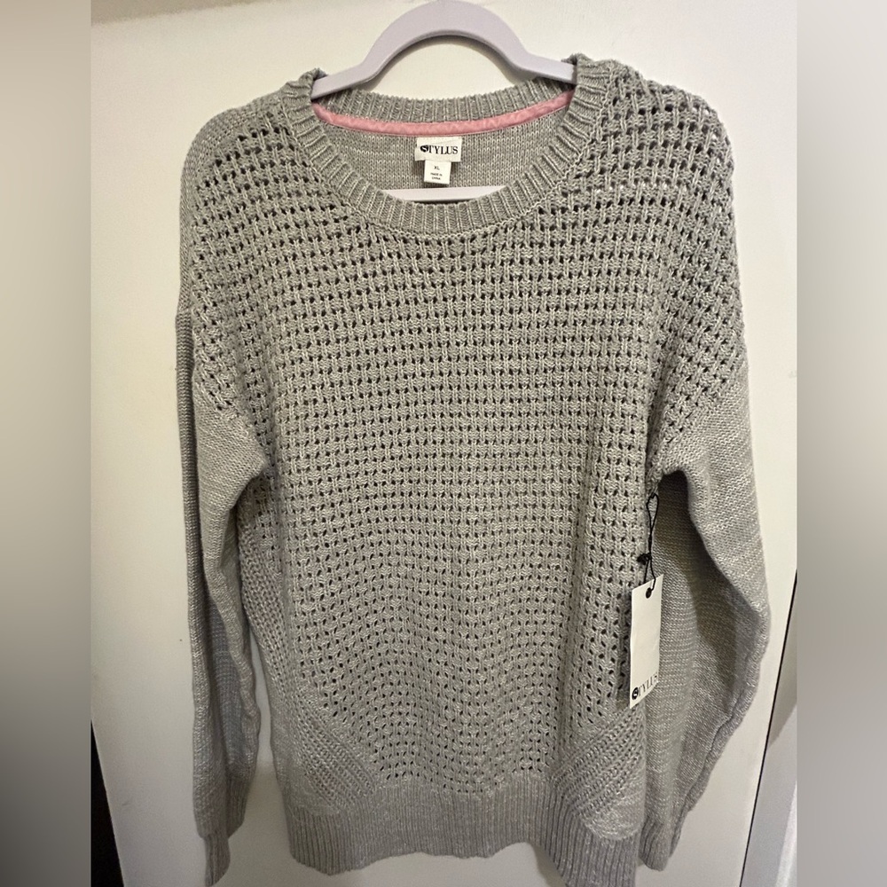 STYLUS NWT Women’s Light Gray Open-Weave Crewneck Sweater, Size XL